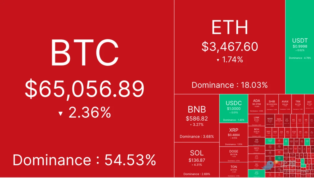 BTC挣扎于65000美元附近，山寨币市场「腥风血雨」